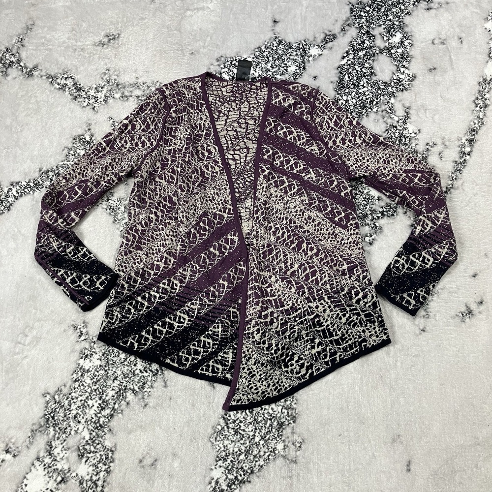 NIC+ZOE Open Front Cardigan‎ Women's Size Large Purple Black Abstract Jacket